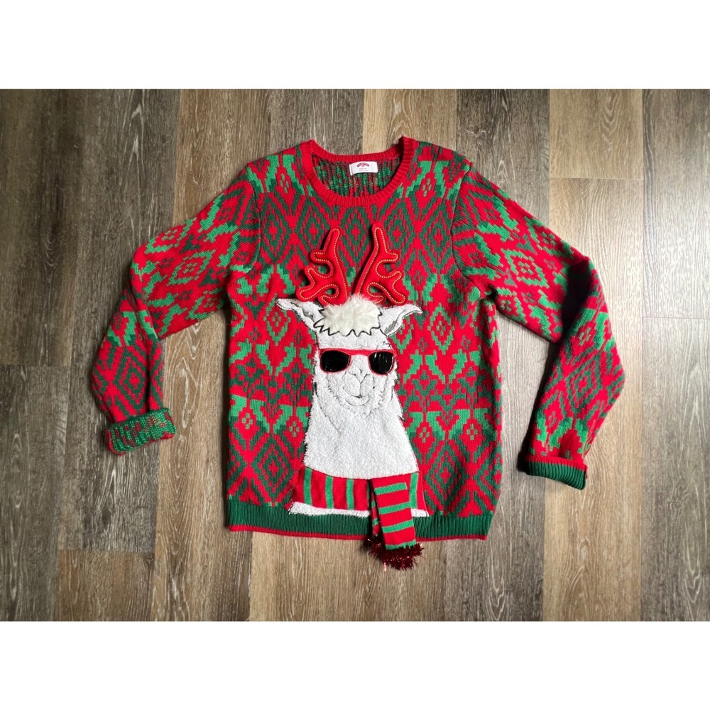 Holiday Time Llama Sweater Mens Medium Red Green 3D Antlers Sunglasses Festive